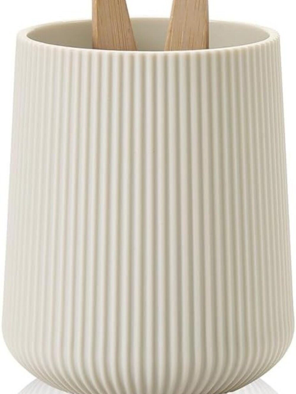Beige Striped Toothbrush Holder – Ribbed Bathroom Countertop Organizer